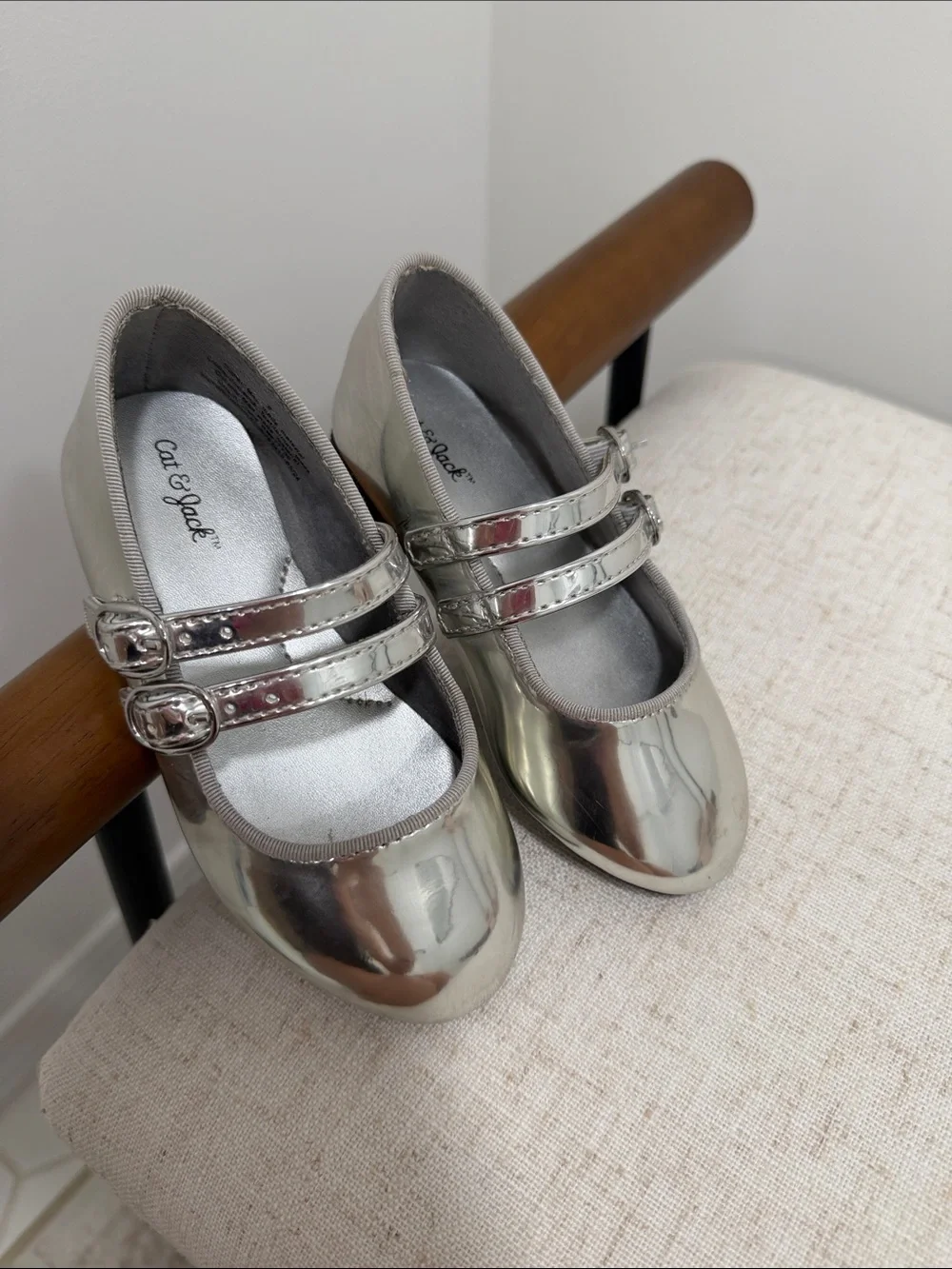 Cat & Jack Girls' Silver Double-Strap Mary Jane Shoes